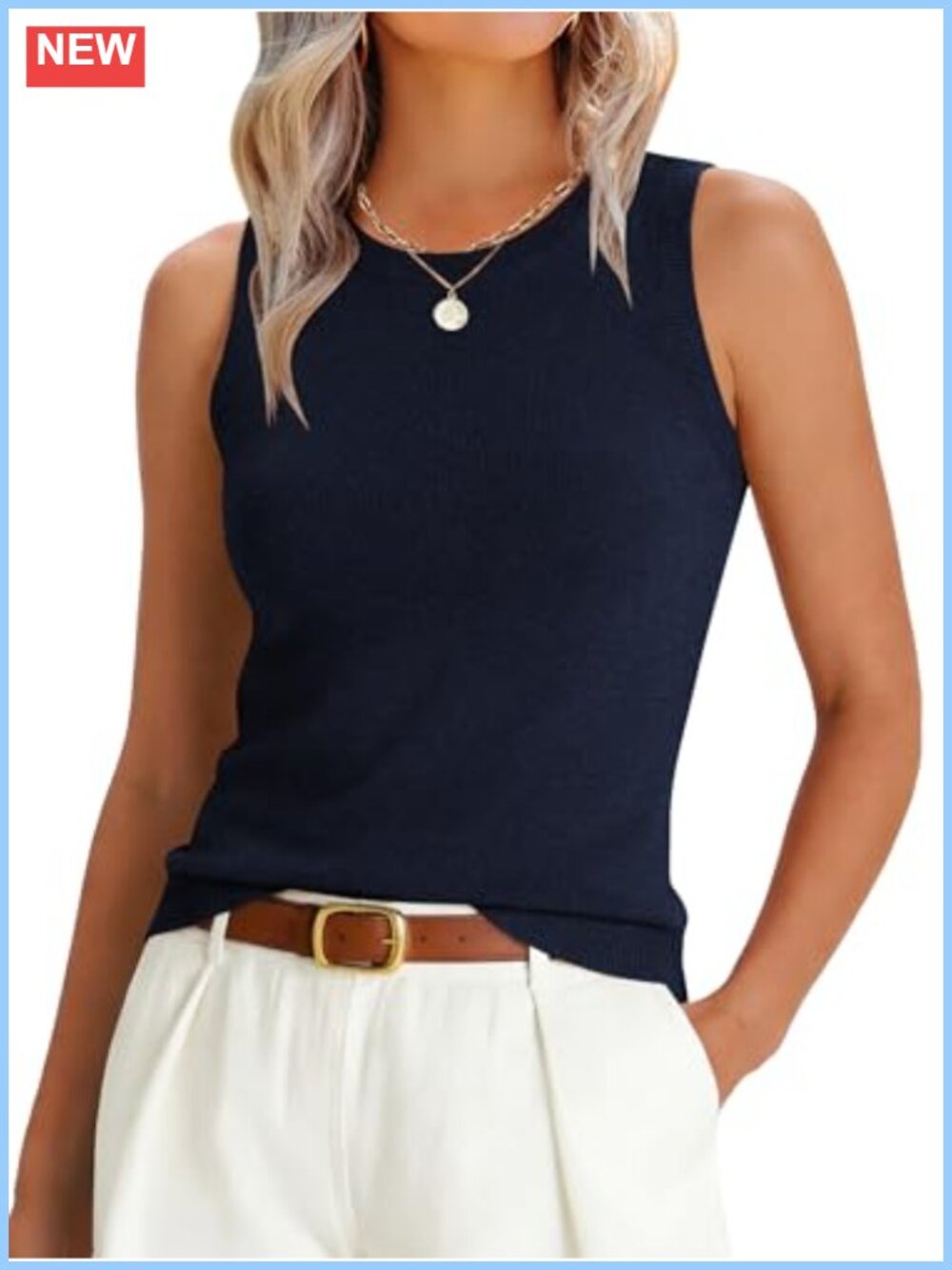 Wool Blend Sleeveless Sweater Tank Top Slim Fit Crew Neck
